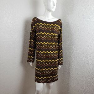 M Missoni Classic Zig Zag Jersey Knit Dress Chevron Stripe Brown Yellow Green S